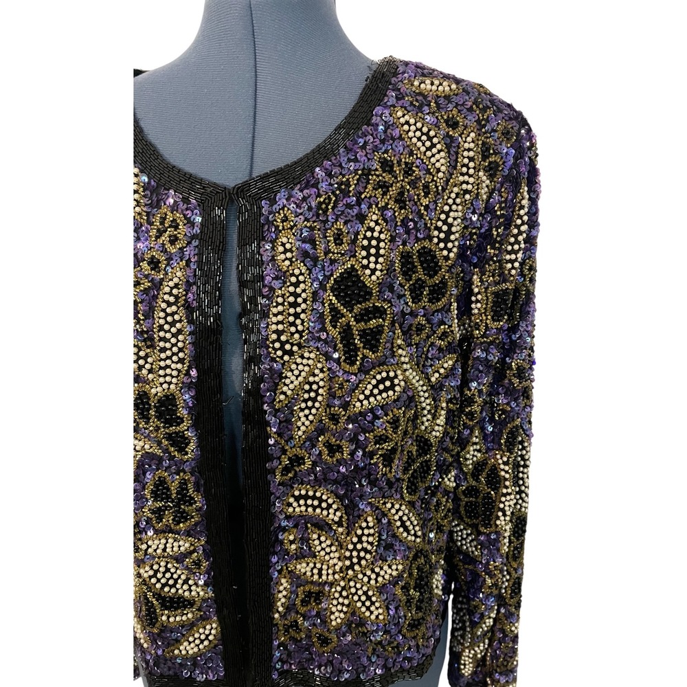 Vtg Stenay Purple Gold Floral Beaded Silk Evening Crop Jacket Bolero Glam XL - Picture 5 of 14